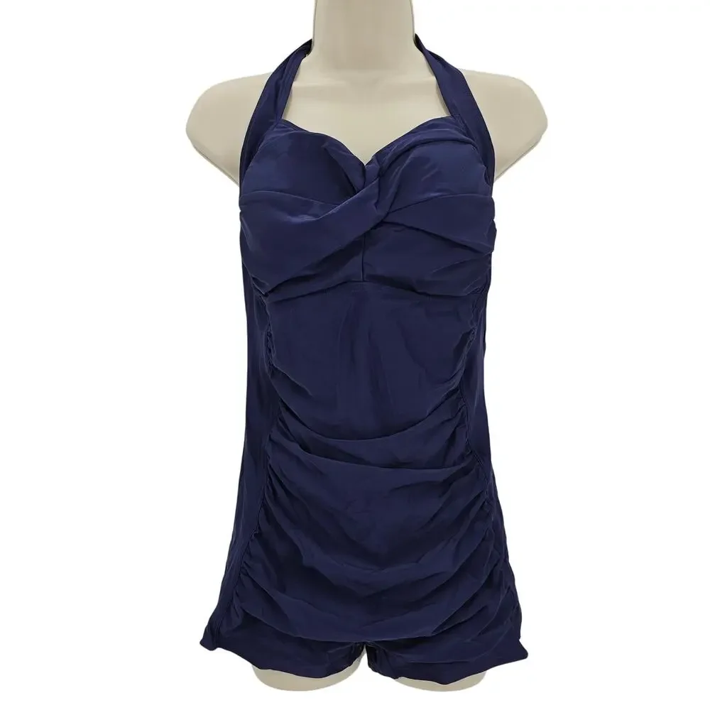 Tempt Me Womans size 6XL Retro Halter Boyleg Ruched One Piece Swimsuit Blue NWOT